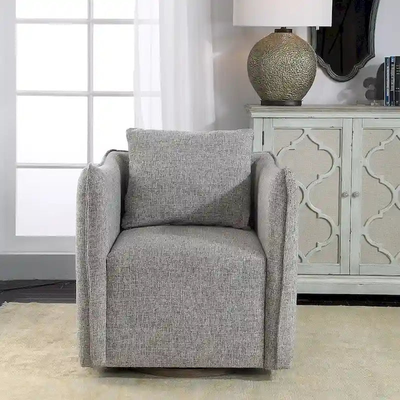 Fauteuil pivotant d'appoint en mélange de lin avec base en bois gris vieilli