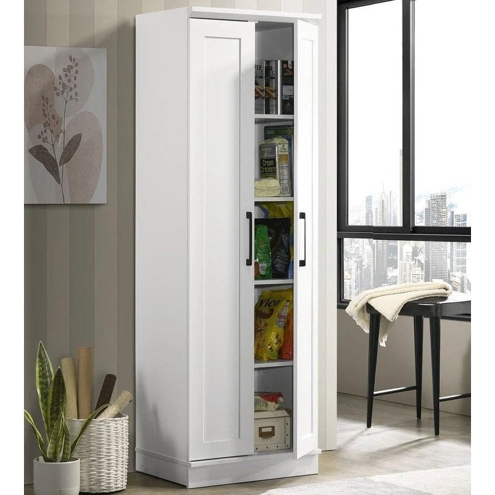 Meuble de rangement moderne avec portes à panneaux encadrées et étagères réglables