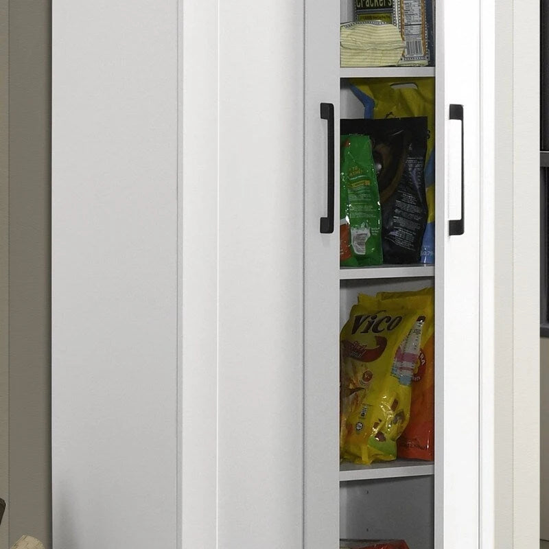 Meuble de rangement moderne avec portes à panneaux encadrées et étagères réglables