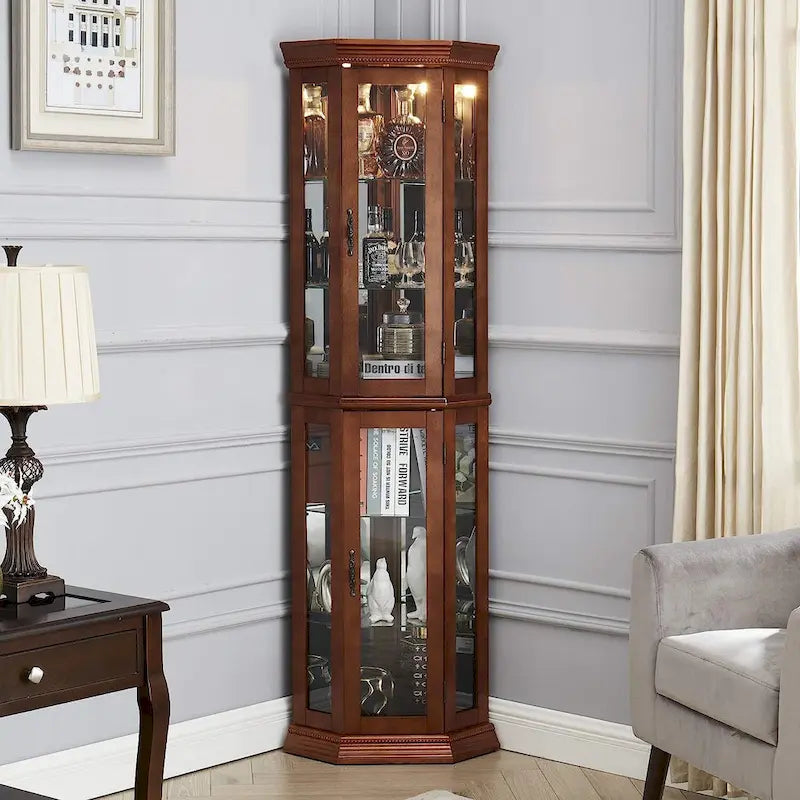 Vitrine d'angle avec éclairage, fond en miroir et étagères en verre réglables – Noyer