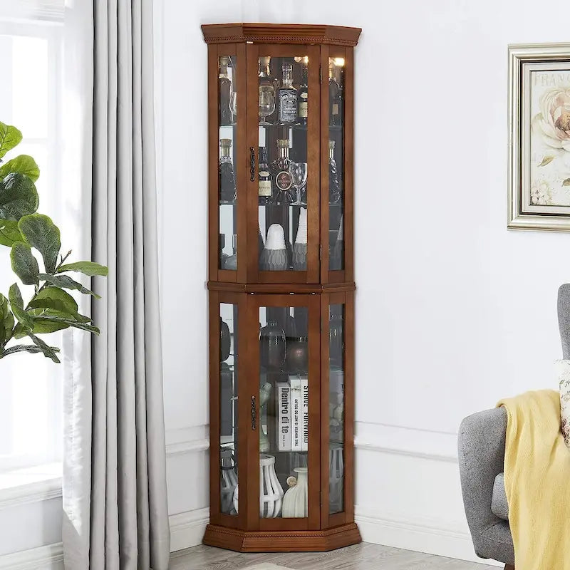 Vitrine d'angle avec éclairage, fond en miroir et étagères en verre réglables – Noyer