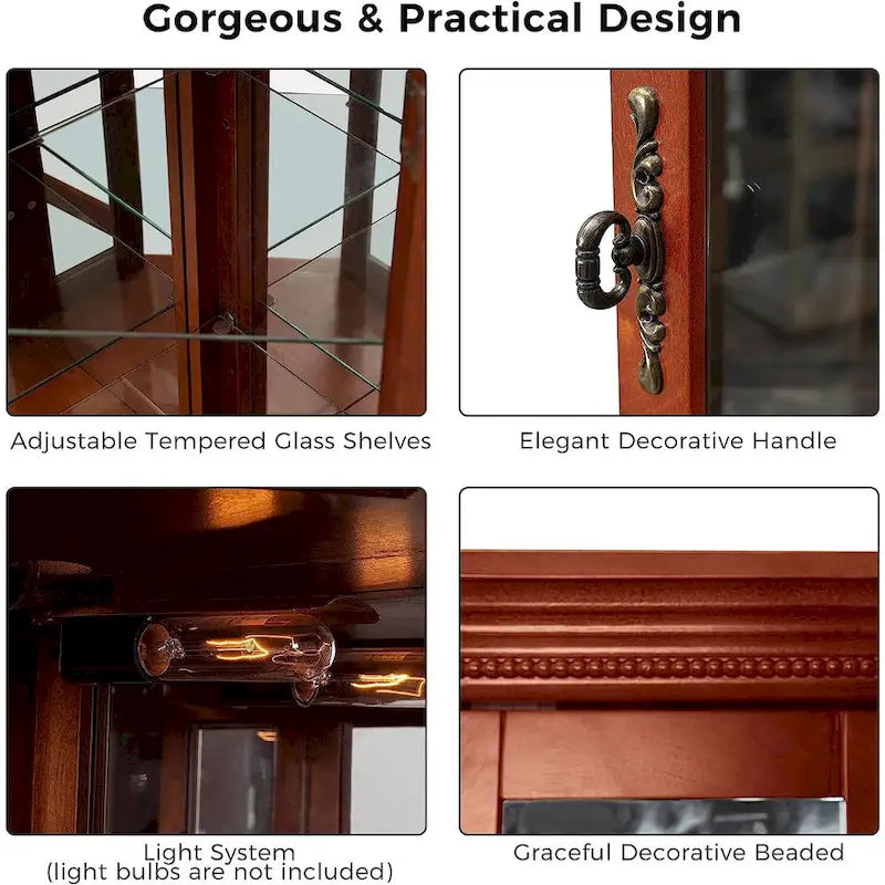 Vitrine d'angle avec éclairage, fond en miroir et étagères en verre réglables – Noyer