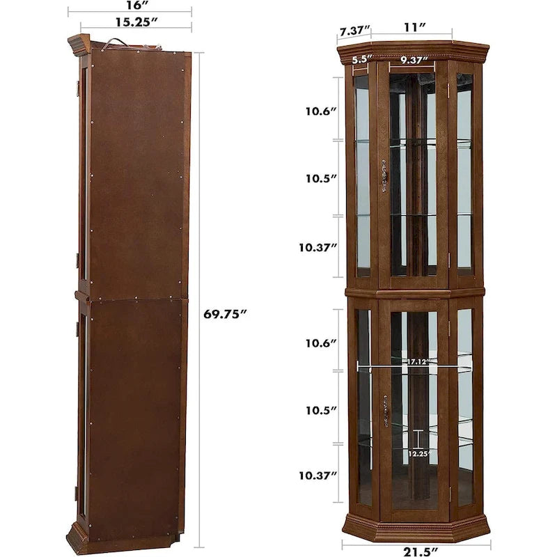 Vitrine d'angle avec éclairage, fond en miroir et étagères en verre réglables – Noyer