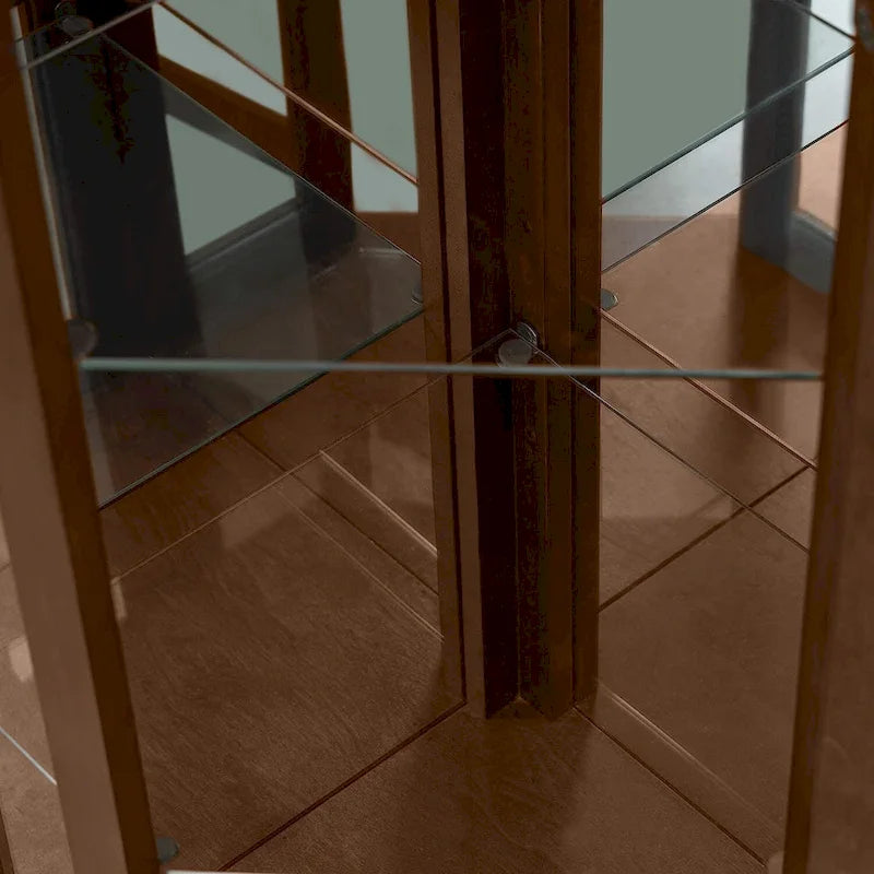 Vitrine d'angle avec éclairage, fond en miroir et étagères en verre réglables – Noyer
