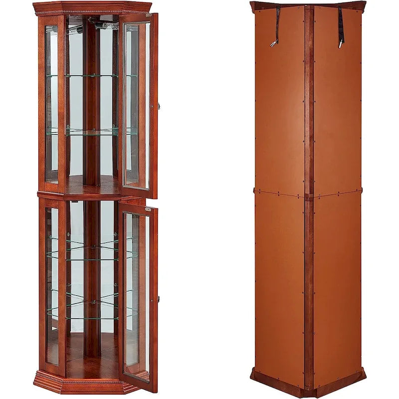 Vitrine d'angle avec éclairage, fond en miroir et étagères en verre réglables – Noyer