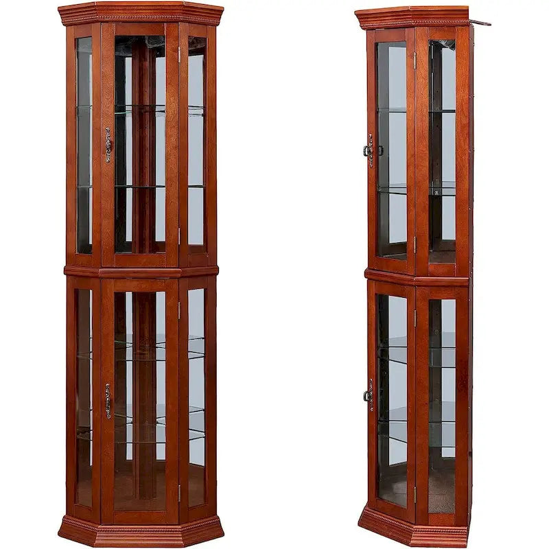 Vitrine d'angle avec éclairage, fond en miroir et étagères en verre réglables – Noyer