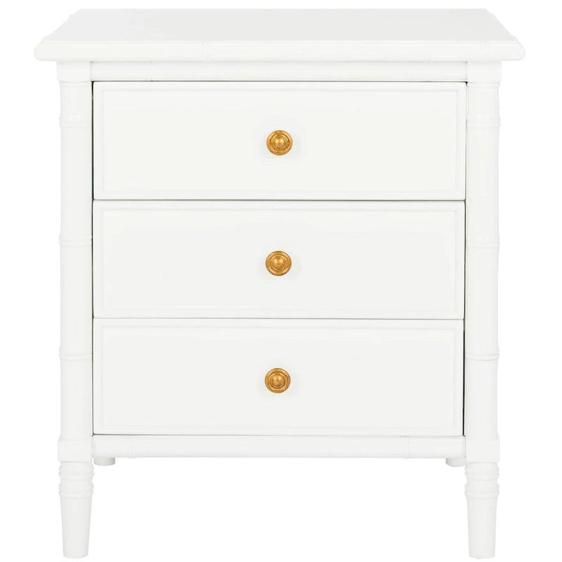 Table de chevet moderne 3 tiroirs ambiance bord de mer avec cadre bambou et poignées dorées – Plusieurs coloris