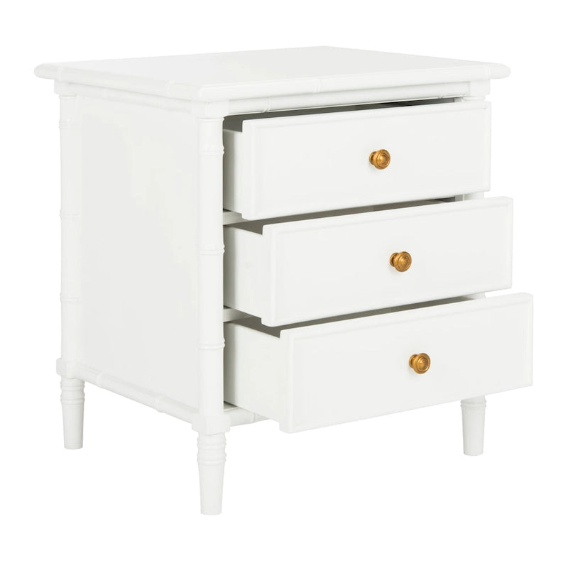 Table de chevet moderne 3 tiroirs ambiance bord de mer avec cadre bambou et poignées dorées – Plusieurs coloris