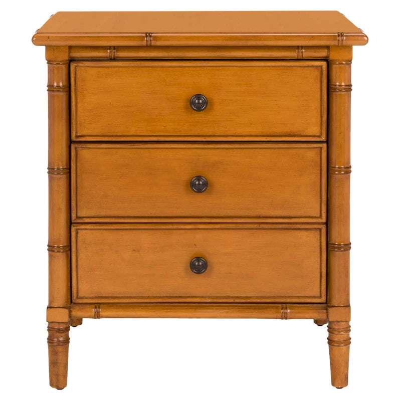 Table de chevet moderne 3 tiroirs ambiance bord de mer avec cadre bambou et poignées dorées – Plusieurs coloris