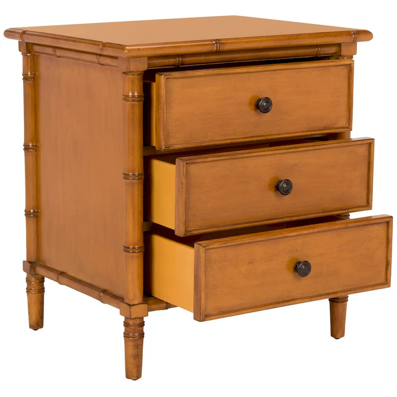 Table de chevet moderne 3 tiroirs ambiance bord de mer avec cadre bambou et poignées dorées – Plusieurs coloris
