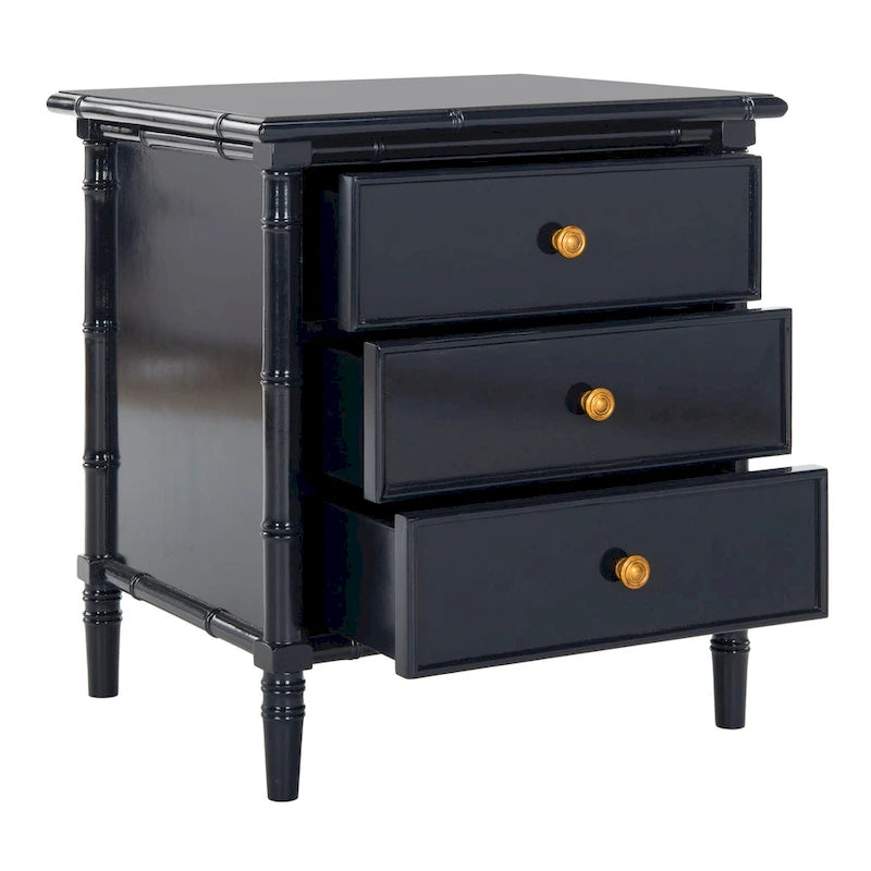 Table de chevet moderne 3 tiroirs ambiance bord de mer avec cadre bambou et poignées dorées – Plusieurs coloris