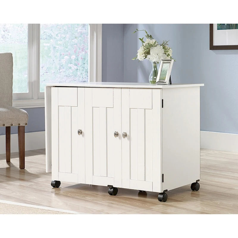 Chariot de couture et de loisirs créatifs roulant avec extension rabattable et rangement – Blanc