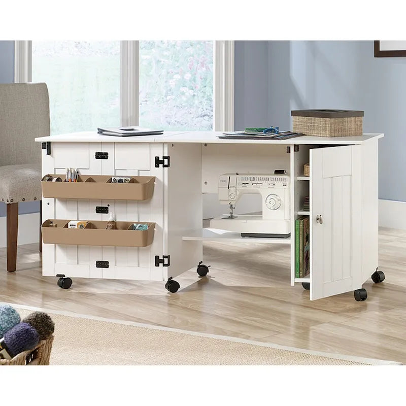 Chariot de couture et de loisirs créatifs roulant avec extension rabattable et rangement – Blanc