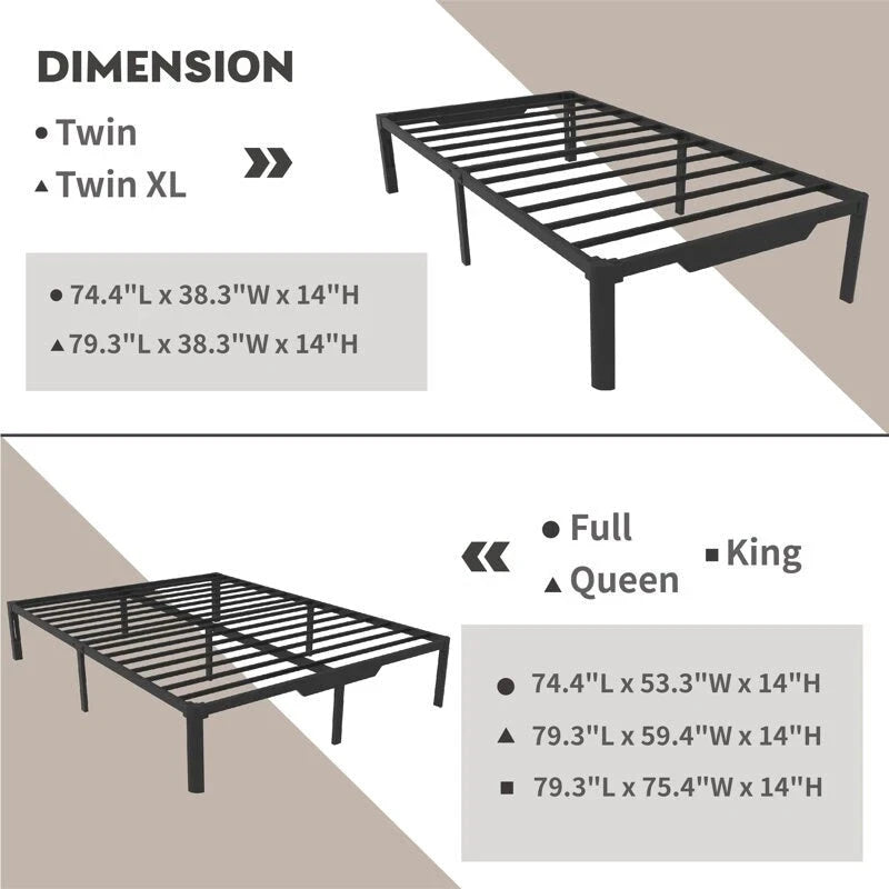 Cadre de lit en métal de 14 pouces avec espace de rangement sous le lit et sangles antidérapantes – Plusieurs tailles