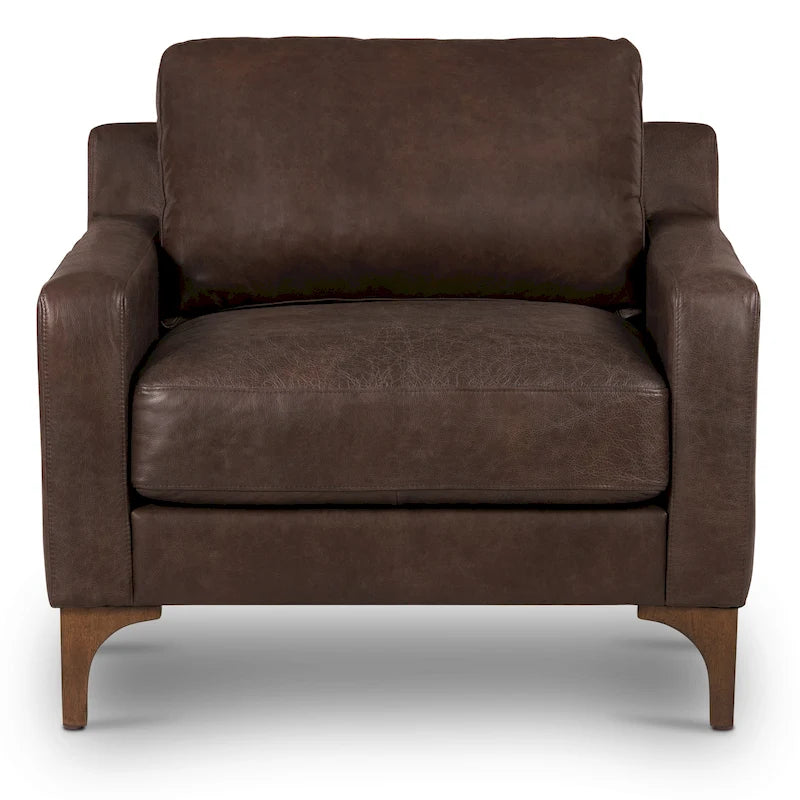 Fauteuil de salon en cuir pleine fleur avec pieds en noyer