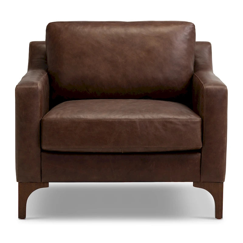 Fauteuil de salon en cuir pleine fleur avec pieds en noyer