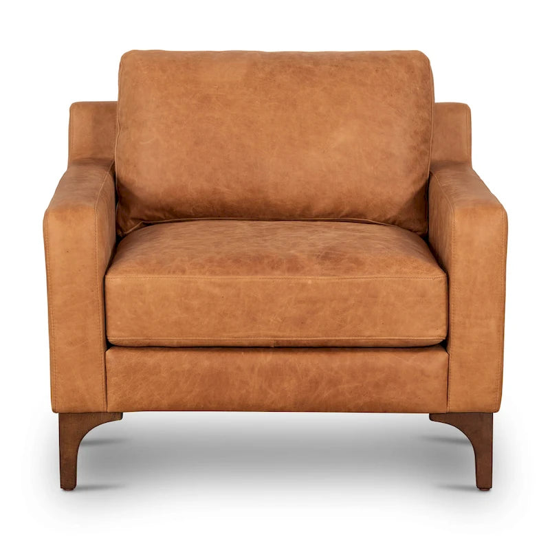 Fauteuil de salon en cuir pleine fleur avec pieds en noyer