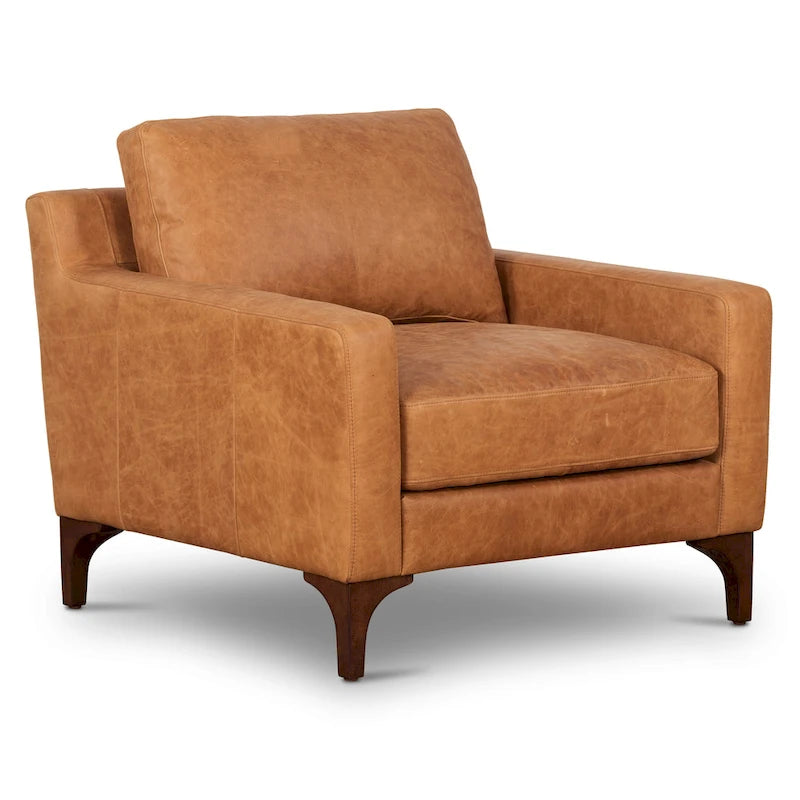 Fauteuil de salon en cuir pleine fleur avec pieds en noyer