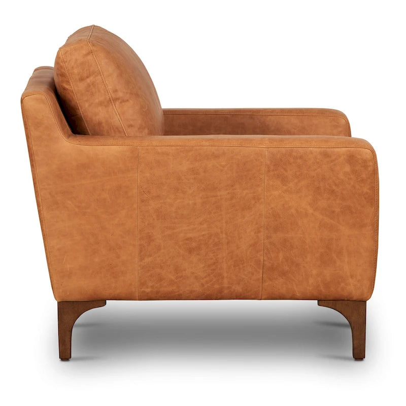Fauteuil de salon en cuir pleine fleur avec pieds en noyer