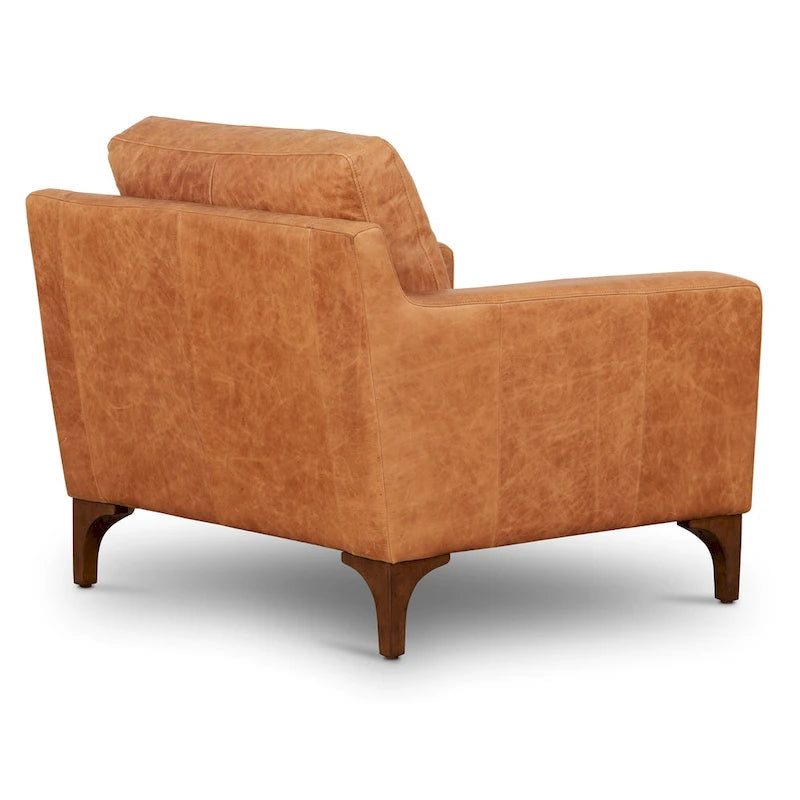 Fauteuil de salon en cuir pleine fleur avec pieds en noyer