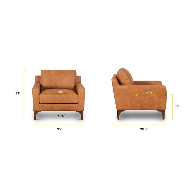 Fauteuil de salon en cuir pleine fleur avec pieds en noyer