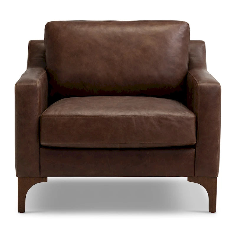 Fauteuil de salon en cuir pleine fleur avec pieds en noyer