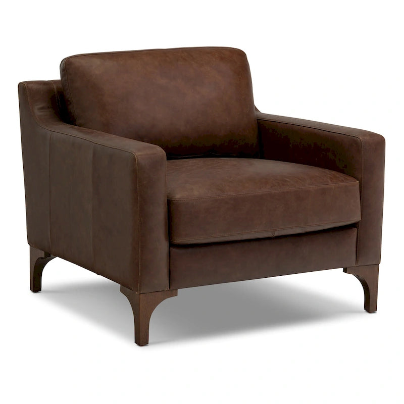 Fauteuil de salon en cuir pleine fleur avec pieds en noyer