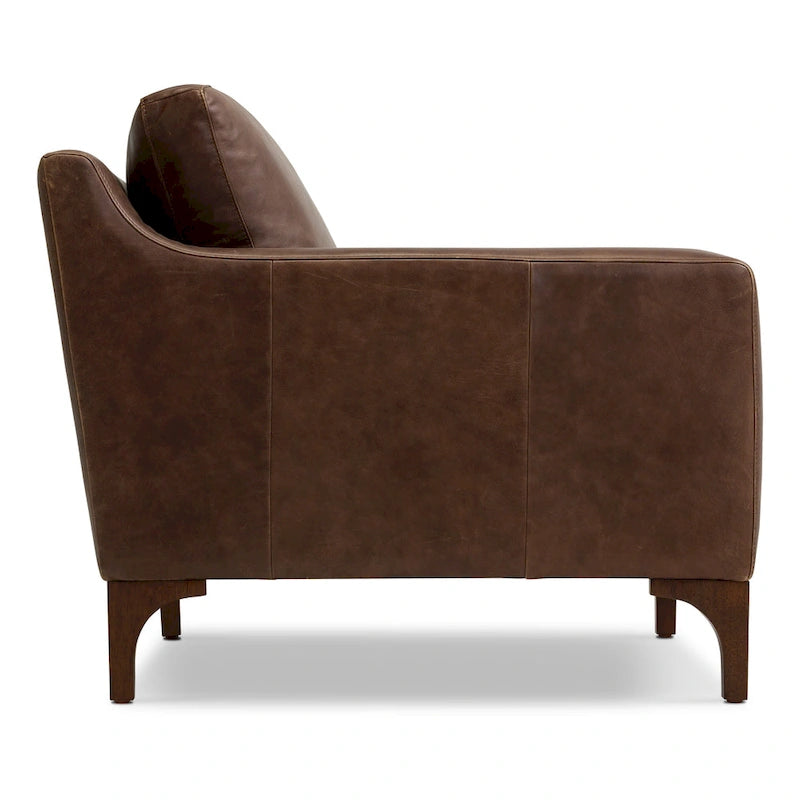 Fauteuil de salon en cuir pleine fleur avec pieds en noyer