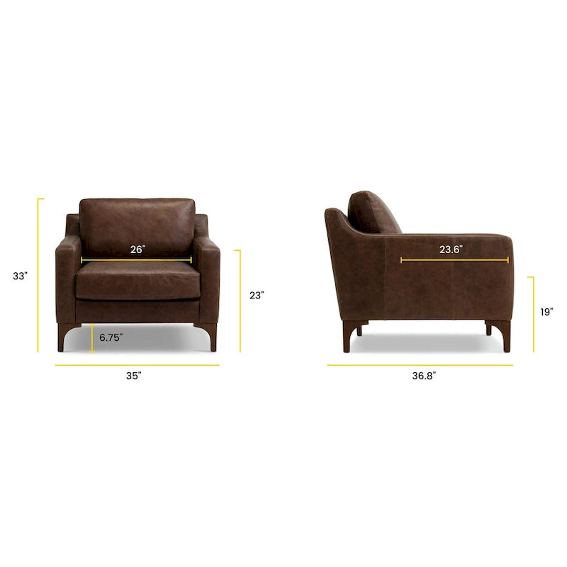 Fauteuil de salon en cuir pleine fleur avec pieds en noyer