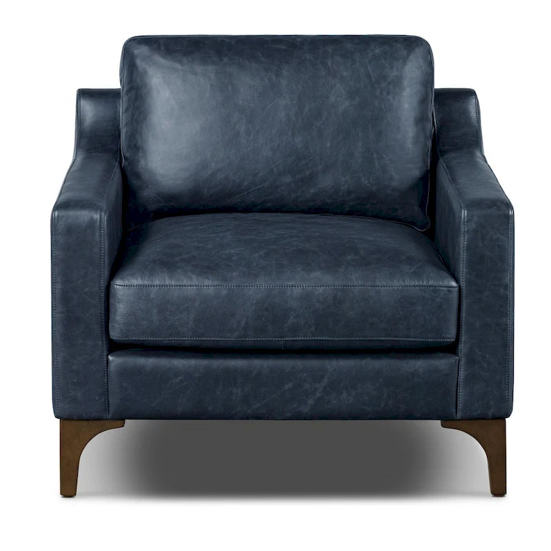 Fauteuil de salon en cuir pleine fleur avec pieds en noyer