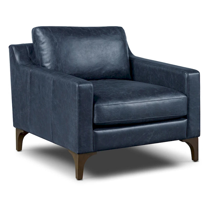 Fauteuil de salon en cuir pleine fleur avec pieds en noyer