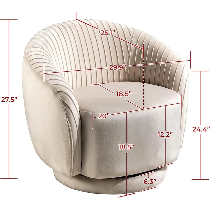Fauteuil d'appoint pivotant à 360° en velours moderne avec détails plissés