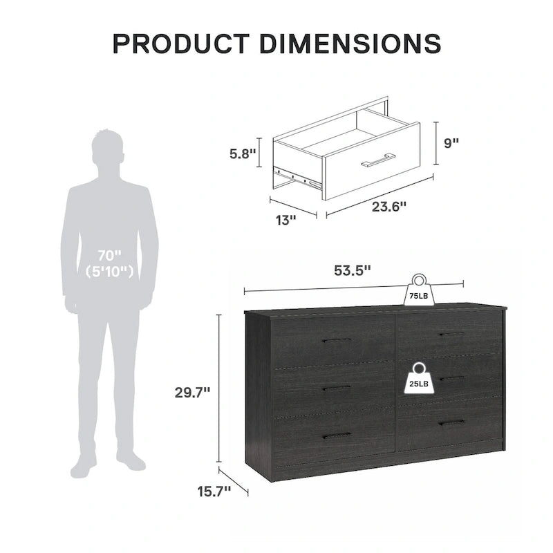 Commode large à 6 tiroirs avec assemblage rapide