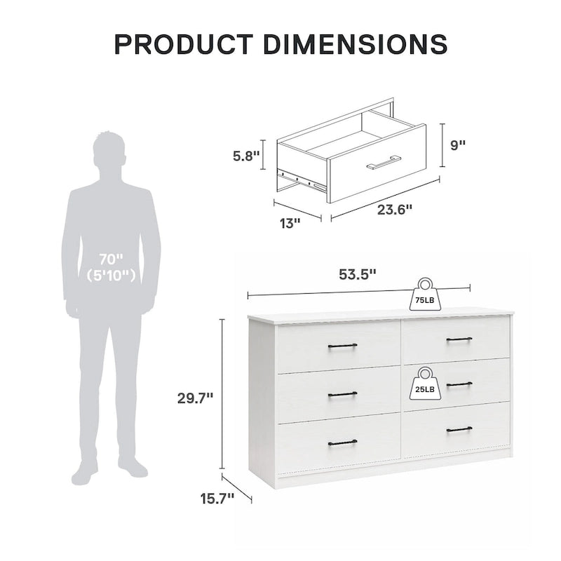 Commode large à 6 tiroirs avec assemblage rapide