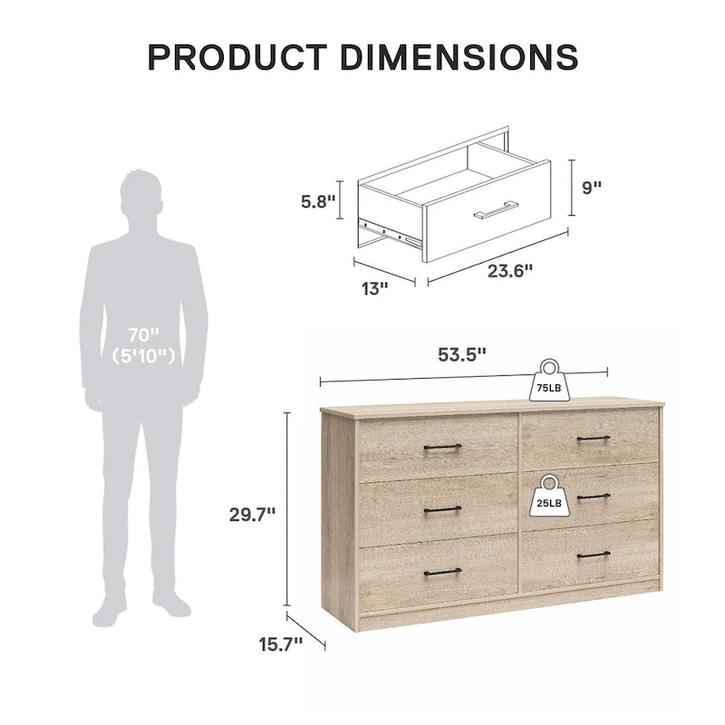 Commode large à 6 tiroirs avec assemblage rapide