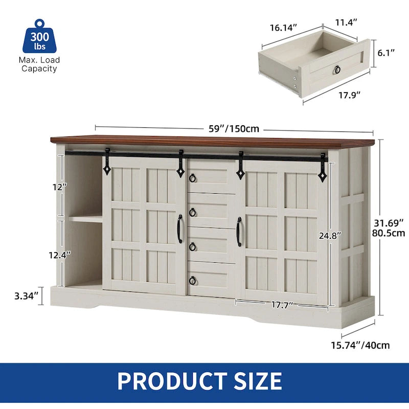 Buffet de ferme à portes coulissantes avec 4 tiroirs et double placard