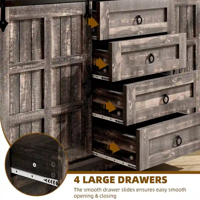 Buffet de ferme à portes coulissantes avec 4 tiroirs et double placard