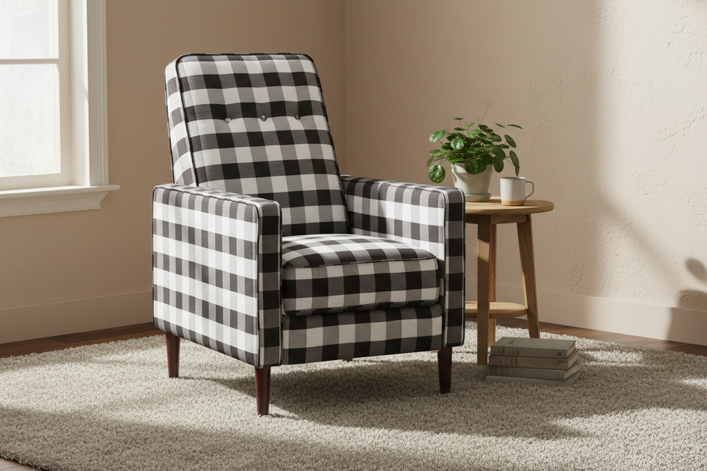 Black & White Buffalo Check Accent Chair in Farmhouse Interior
